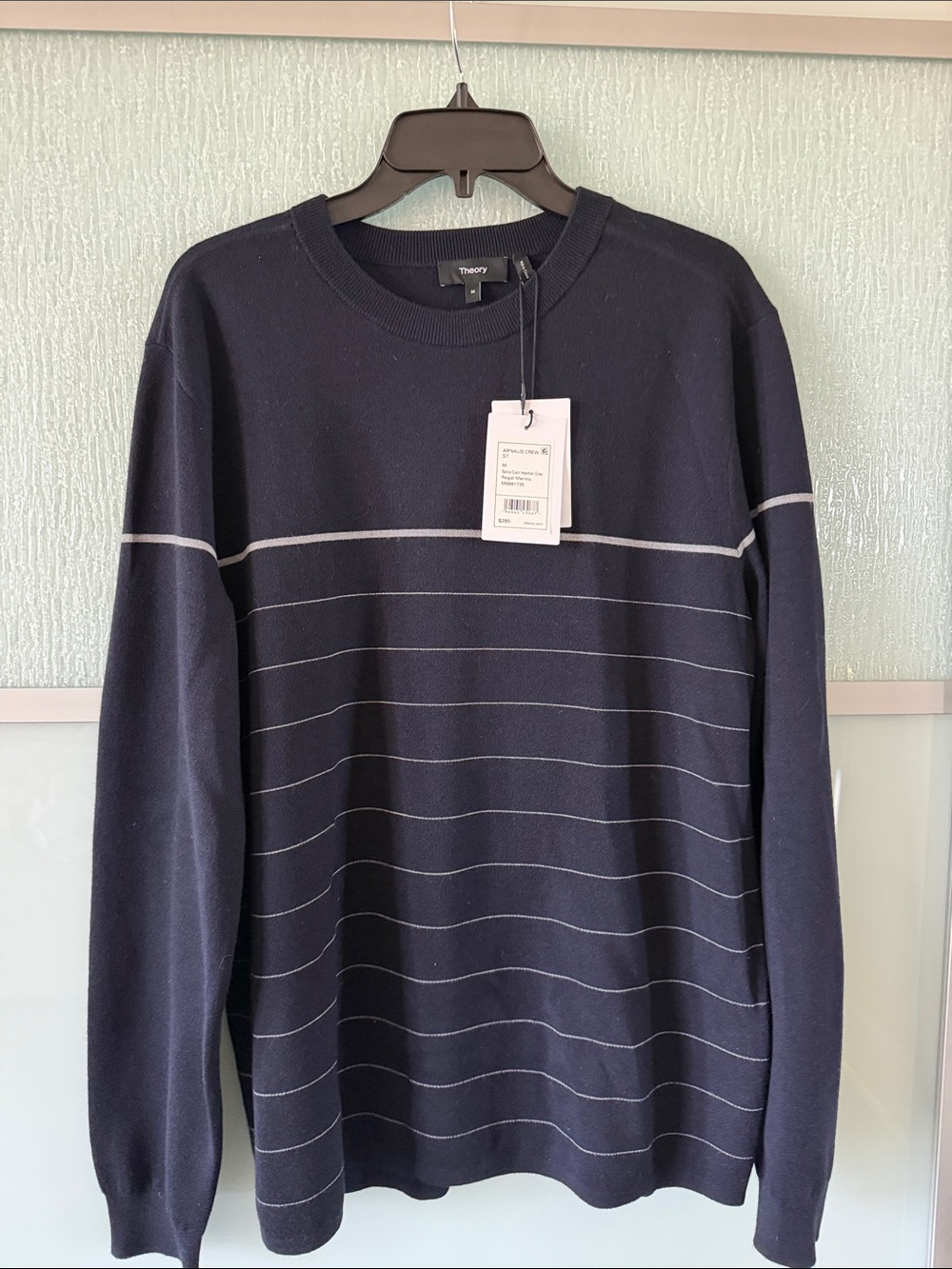 Theory Men's Navy Crewneck Sweater with Thin Gray Stripes Sz M